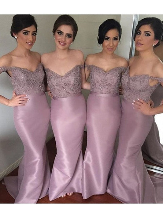 Trumpet/Mermaid Off-the-Shoulder Sleeveless Sweep/Brush Train Beading Satin Bridesmaid Dresses CICIP0005276