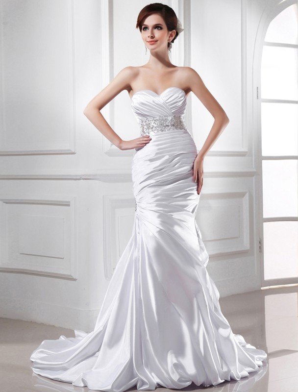 Trumpet/Mermaid Beading Sweetheart Sleeveless Elastic Woven Satin Wedding Dresses CICIP0006725