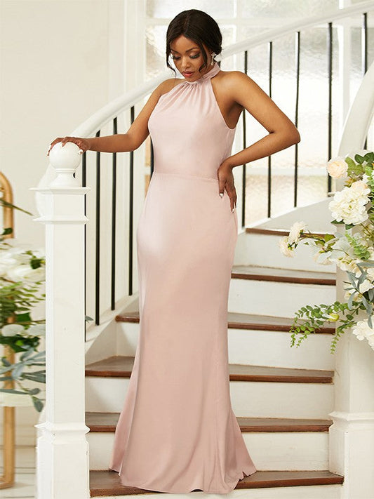 Sheath/Column Silk like Satin Ruched Halter Sleeveless Floor-Length Bridesmaid Dresses CICIP0004984