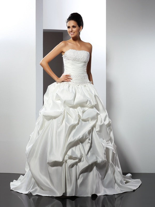 Ball Gown Strapless Sleeveless Long Satin Wedding Dresses CICIP0006837