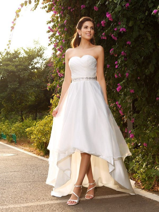 A-Line/Princess Sweetheart Beading Sleeveless High Low Organza Wedding Dresses CICIP0006280