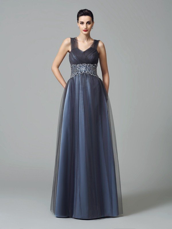 A-Line/Princess Straps Beading Sleeveless Long Net Mother of the Bride Dresses CICIP0007330