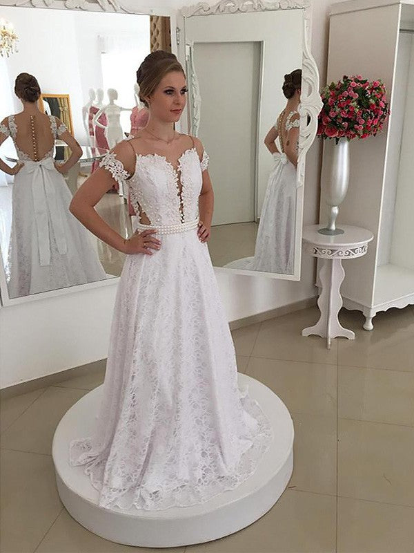 A-Line/Princess Scoop Lace Sweep/Brush Train Short Sleeves Wedding Dresses CICIP0006879