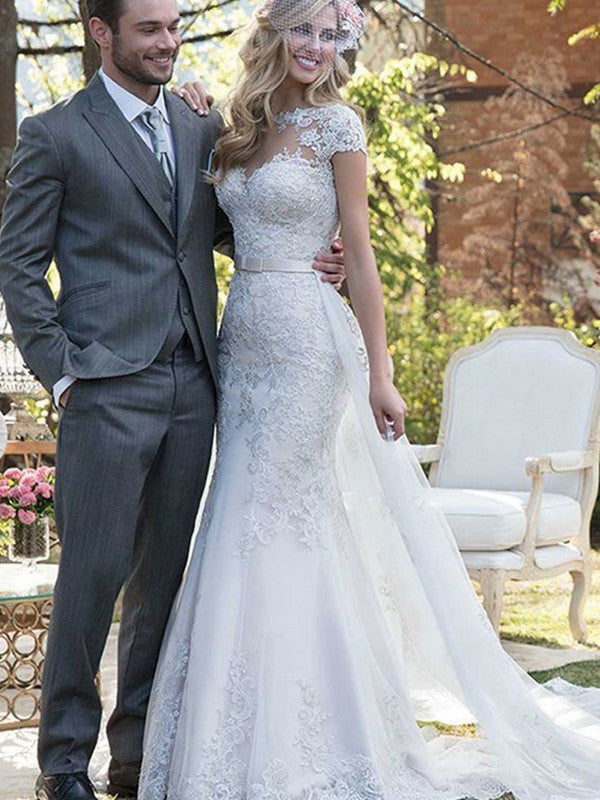 Trumpet/Mermaid Tulle Sash/Ribbon/Belt Bateau Short Sleeves Sweep/Brush Train Wedding Dresses CICIP0006393