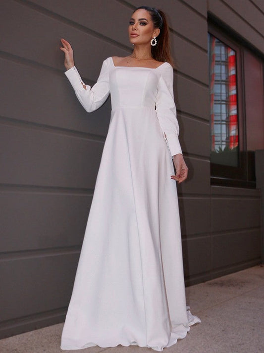 A-Line/Princess Stretch Crepe Ruffles Long Sleeves Square Sweep/Brush Train Wedding Dresses CICIP0006452