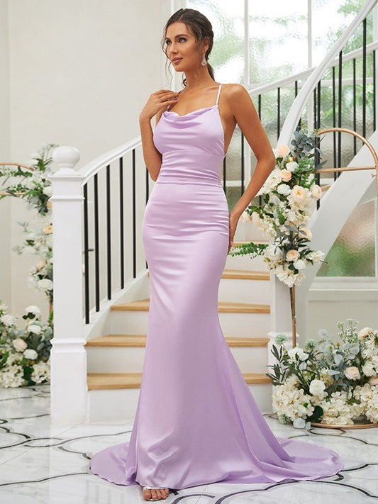 Sheath/Column Charmeuse Ruched Square Sleeveless Sweep/Brush Train Bridesmaid Dresses CICIP0004912