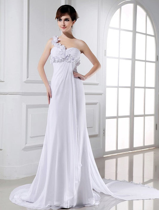 A-Line/Princess One-shoulder Beading Hand-made Flower Sleeveless Chiffon Wedding Dresses CICIP0006896