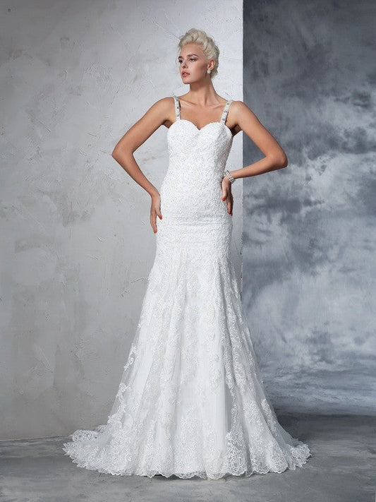 Trumpet/Mermaid Spaghetti Straps Lace Sleeveless Long Lace Wedding Dresses CICIP0006854