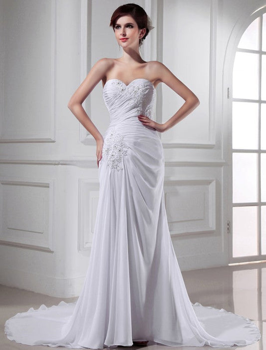 Trumpet/Mermaid Beading Sweetheart Sleeveless Chiffon Long Wedding Dresses CICIP0006830