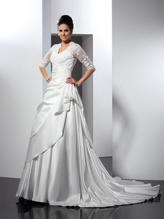 A-Line/Princess V-neck Applique 1/2 Sleeves Long Satin Wedding Dresses CICIP0006567