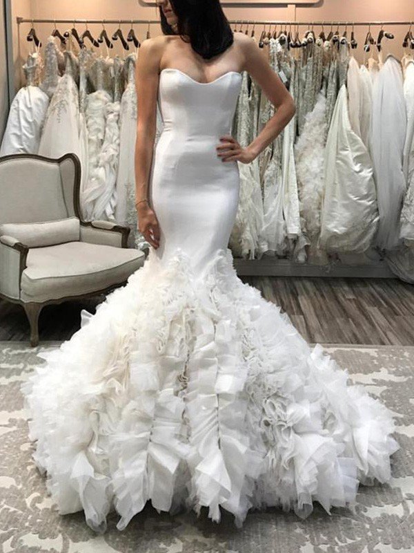 Trumpet/Mermaid Sweetheart Sleeveless Court Train Satin Wedding Dresses CICIP0006527