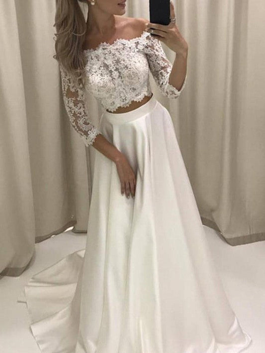 A-Line/Princess 3/4 Sleeves Off-the-Shoulder Court Train Applique Satin Wedding Dresses CICIP0006556