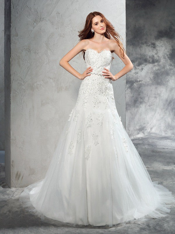 Sheath/Column Sweetheart Applique Sleeveless Long Satin Wedding Dresses CICIP0006806