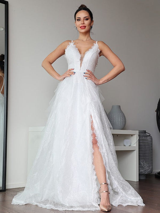 A-Line/Princess Lace Ruffles V-neck Sleeveless Sweep/Brush Train Wedding Dresses CICIP0006454