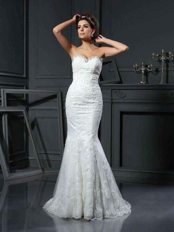 Sheath/Column Sweetheart Beading Sleeveless Long Net Wedding Dresses CICIP0006493