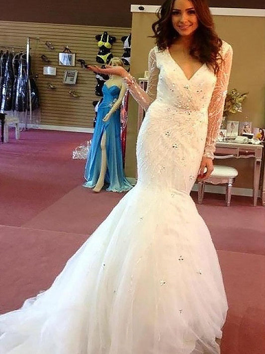 Trumpet/Mermaid Beading Tulle Long Sleeves Court Train V-neck Wedding Dresses CICIP0006805