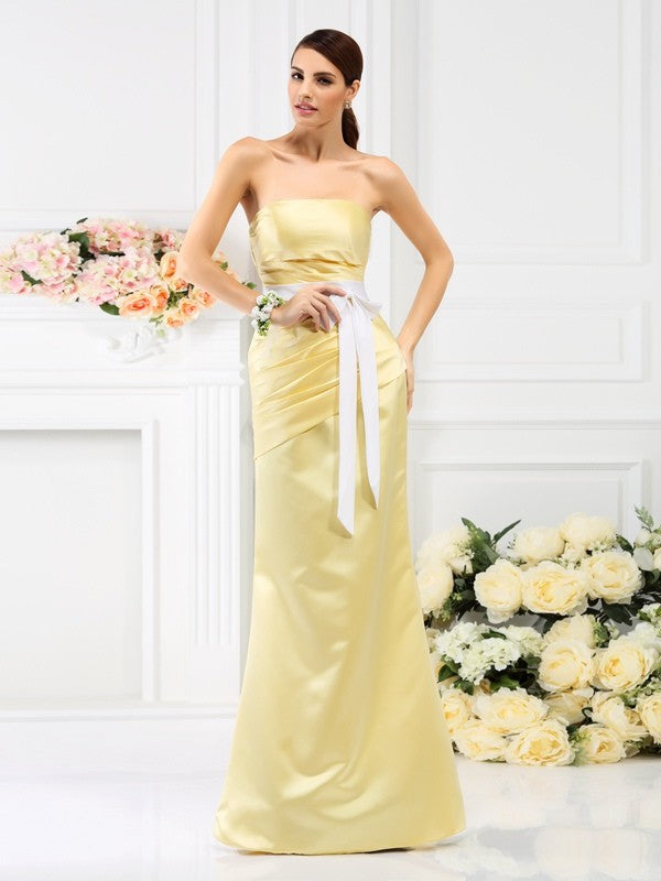 Trumpet/Mermaid Strapless Pleats Sleeveless Long Satin Bridesmaid Dresses CICIP0005854