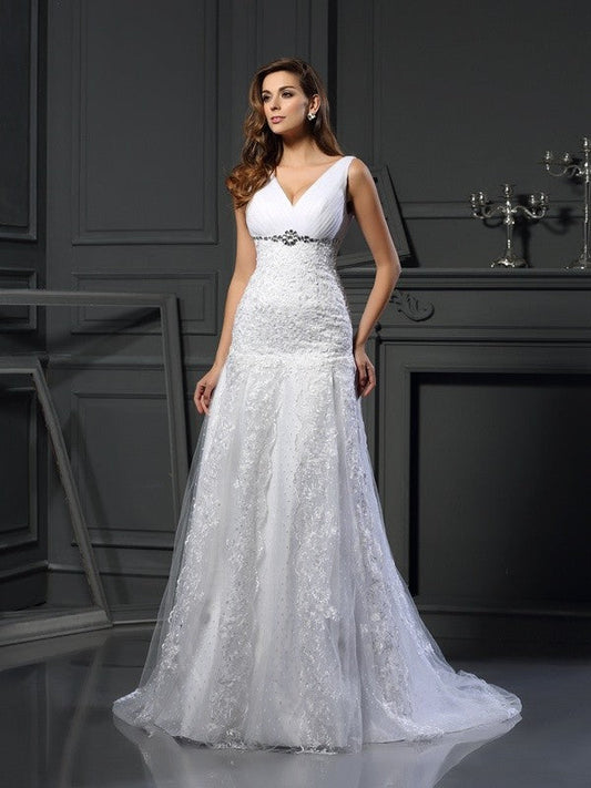 A-Line/Princess V-neck Beading Sleeveless Long Satin Wedding Dresses CICIP0006498