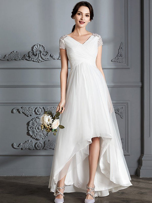 A-Line/Princess V-neck Short Sleeves Asymmetrical Tulle Wedding Dresses CICIP0006307