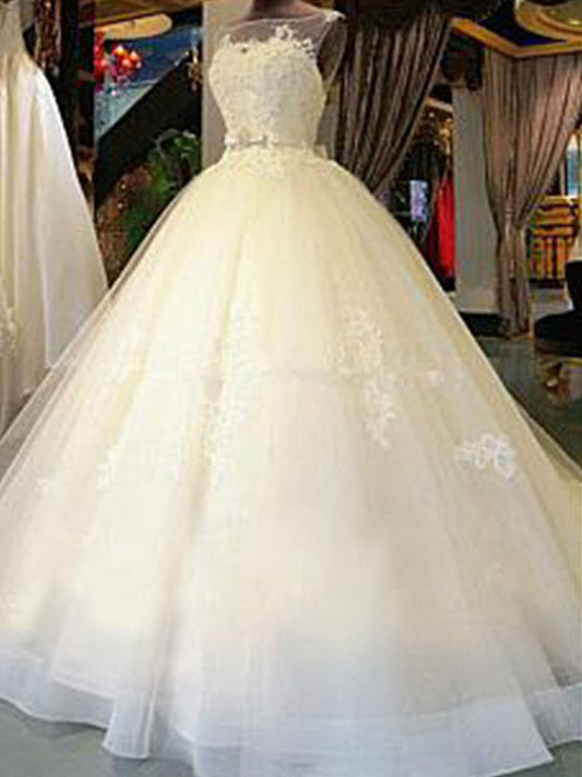 Ball Gown Scoop Cathedral Train Sleeveless Sash/Ribbon/Belt Applique Tulle Wedding Dresses CICIP0006479