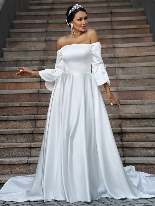 A-Line/Princess Charmeuse Ruffles Off-the-Shoulder 3/4 Sleeves Sweep/Brush Train Wedding Dresses CICIP0006367