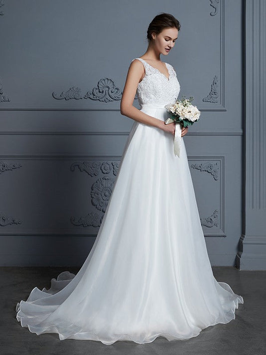 A-Line/Princess V-neck Sleeveless Floor-Length Lace Chiffon Wedding Dresses CICIP0006395