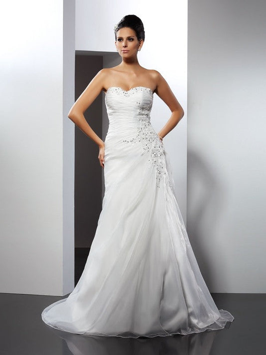 A-Line/Princess Sweetheart Applique Sleeveless Long Organza Wedding Dresses CICIP0006515