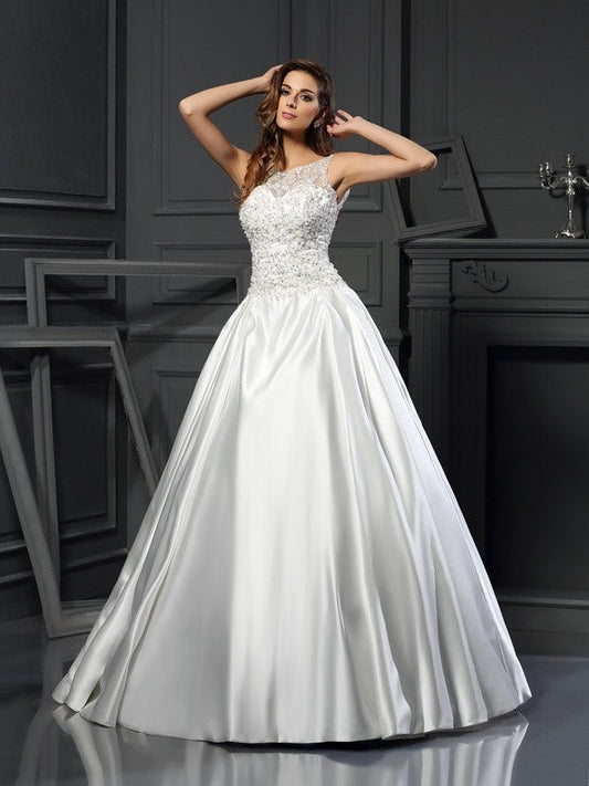 Ball Gown Scoop Applique Sleeveless Long Satin Wedding Dresses CICIP0006457