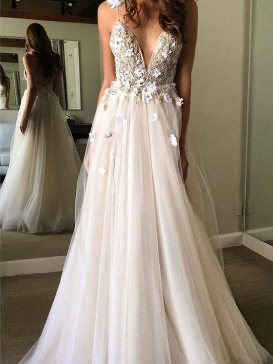 A-Line/Princess Tulle Beading V-neck Sleeveless Floor-Length Wedding Dresses CICIP0006800