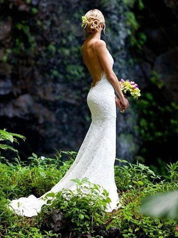 Sheath/Column Sleeveless V-neck Spaghetti Straps Court Train Lace Wedding Dresses CICIP0006240