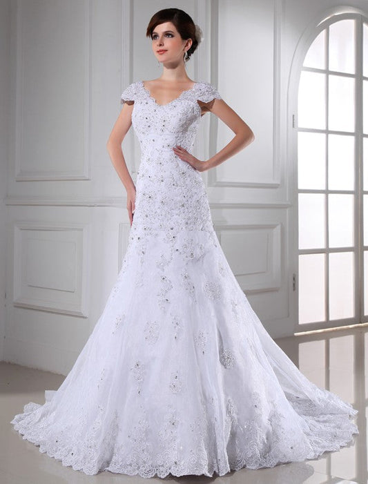 A-Line/Princess V-neck Beading Sleeveless Long Organza Wedding Dresses CICIP0006818