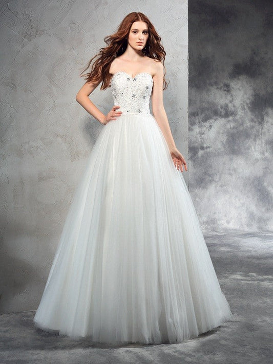 A-Line/Princess Sweetheart Beading Sleeveless Long Net Wedding Dresses CICIP0006846