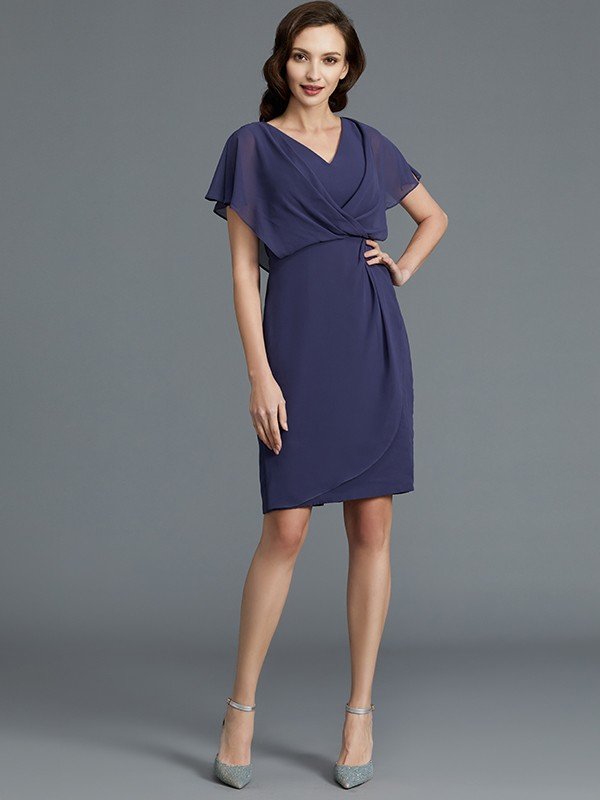 Sheath/Column V-neck Short Sleeves Chiffon Knee-Length Mother of the Bride Dresses CICIP0007259