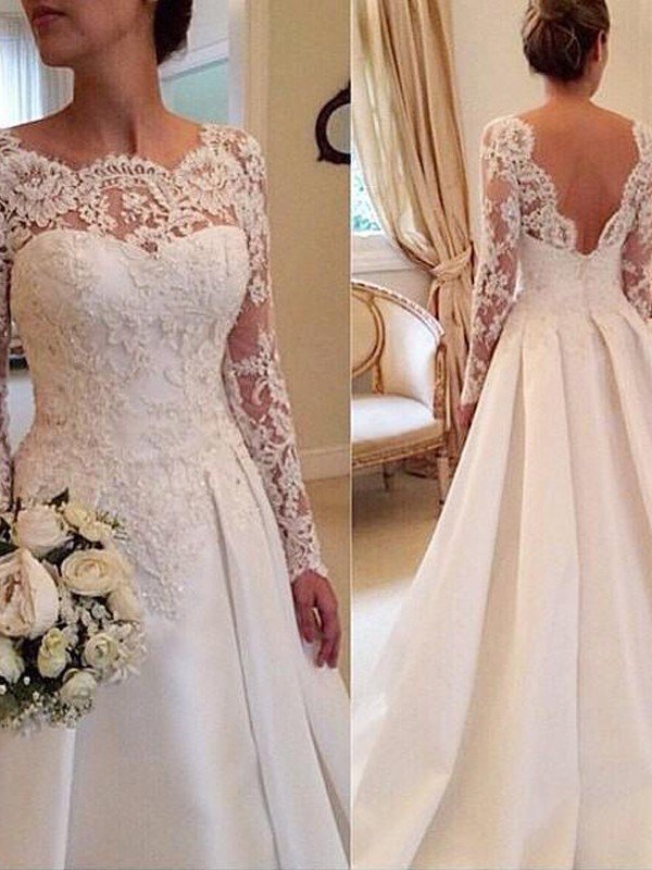 Ball Gown Scoop Long Sleeves Lace Court Train Satin Wedding Dresses CICIP0006053