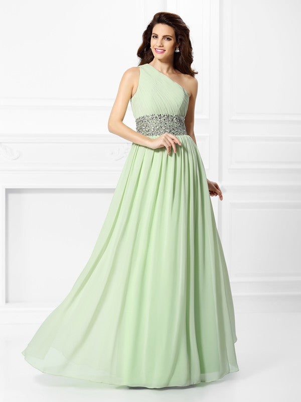 A-Line/Princess One-Shoulder Beading Sleeveless Long Chiffon Dresses CICIP0004458