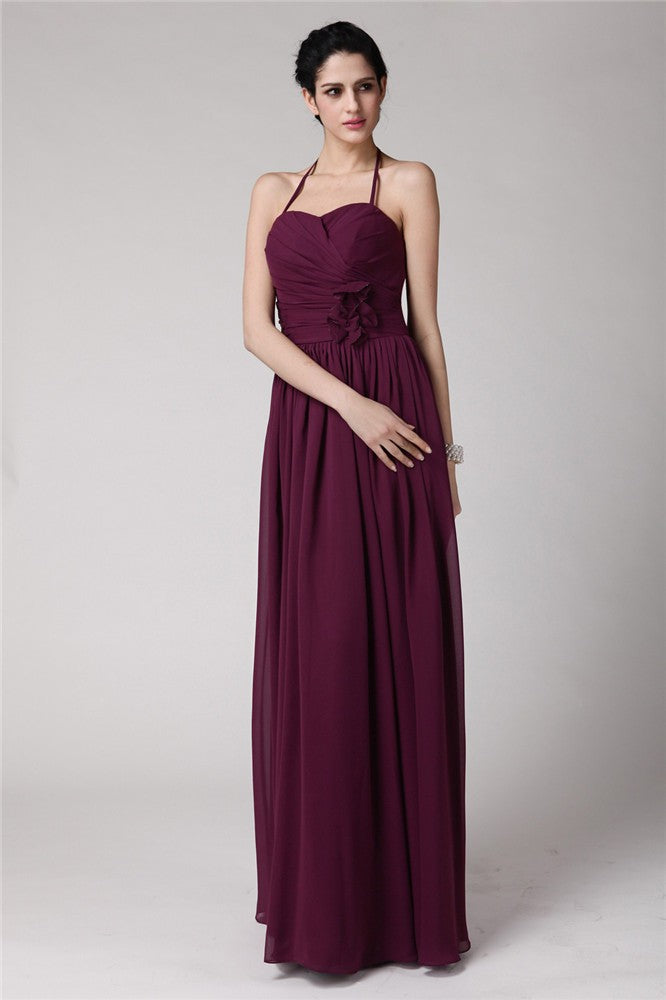 Sheath/Column Halter Sleeveless Hand-Made Flower Long Chiffon Bridesmaid Dresses CICIP0005817