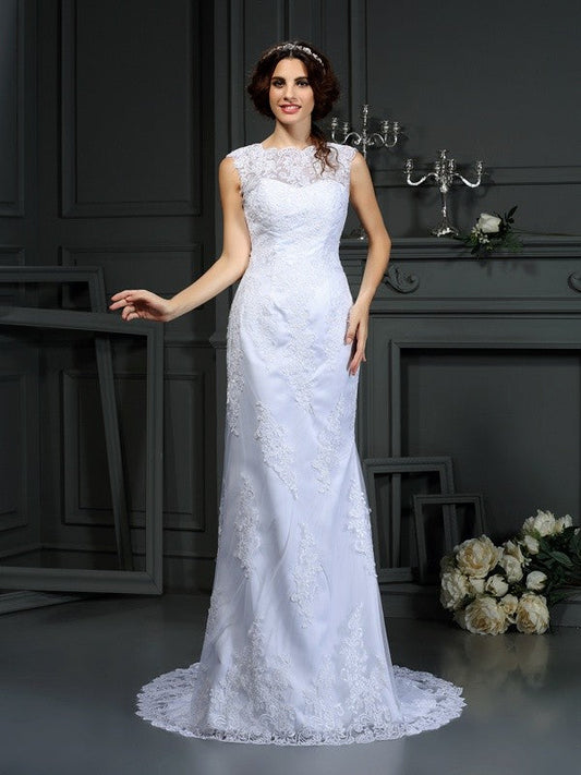 Sheath/Column High Neck Lace Sleeveless Long Lace Wedding Dresses CICIP0006844