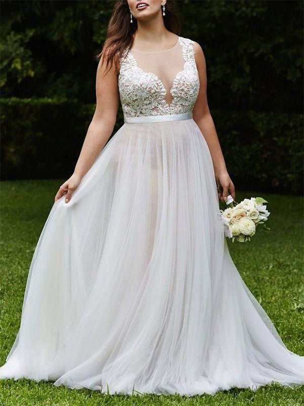 A-Line/Princess Scoop Court Train Sleeveless Lace Tulle Wedding Dresses CICIP0006414