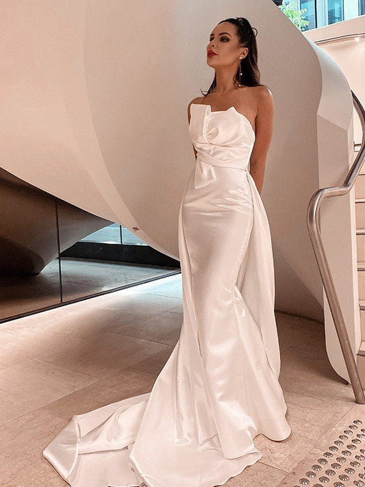 A-Line/Princess Satin Ruched Strapless Sleeveless Court Train Wedding Dresses CICIP0006532