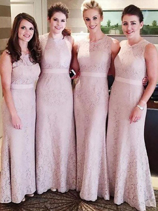 Sheath/Column Lace Scoop Sleeveless Floor-Length Bridesmaid Dresses CICIP0005476