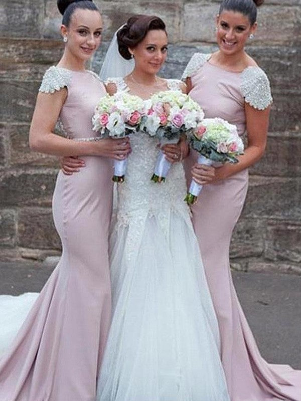 Trumpet/Mermaid Bateau Sleeveless Sweep/Brush Train Beading Satin Bridesmaid Dresses CICIP0005633