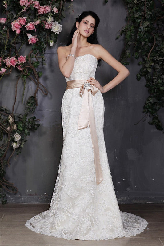 Sheath/Column Strapless Sleeveless Sash Long Lace Wedding Dresses CICIP0006791