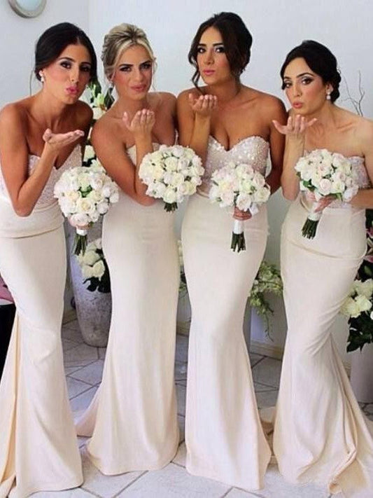 Trumpet/Mermaid Sweetheart Sleeveless Beading Sweep/Brush Train Satin Bridesmaid Dress CICIP0005108