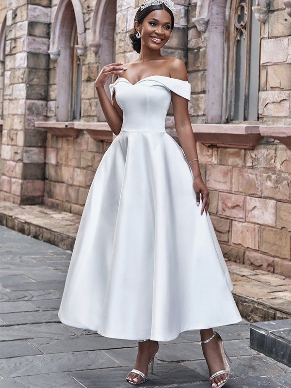 A-Line/Princess Satin Ruffles Off-the-Shoulder Sleeveless Ankle-Length Wedding Dresses CICIP0006529