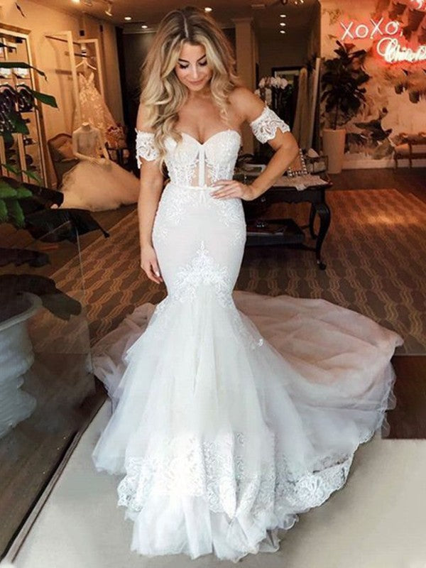 Trumpet/Mermaid Tulle Sweetheart Sleeveless Applique Sweep/Brush Train Wedding Dresses CICIP0006781