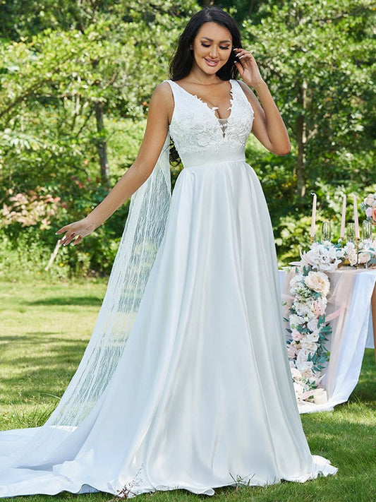 A-Line/Princess Satin Applique V-neck Sleeveless Sweep/Brush Train Wedding Dresses CICIP0006501