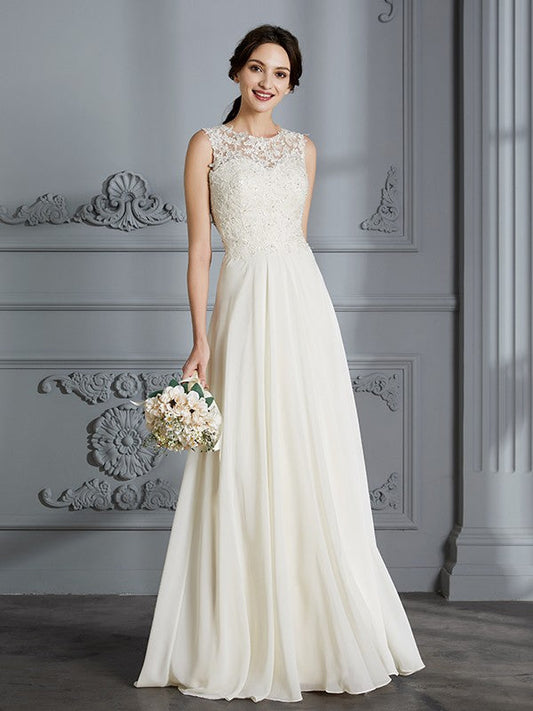 A-Line/Princess Scoop Chiffon Sleeveless Floor-Length Wedding Dresses CICIP0006190