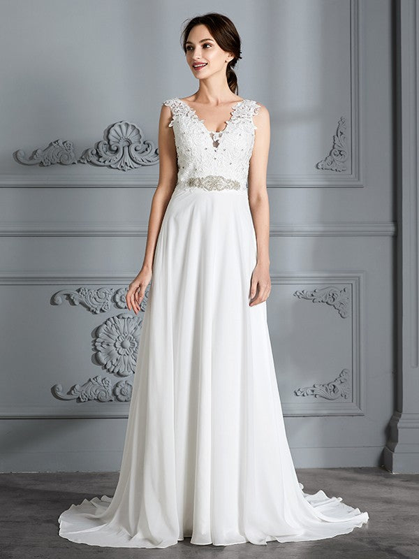 A-Line/Princess Sleeveless V-neck Sweep/Brush Train Chiffon Wedding Dresses CICIP0006487