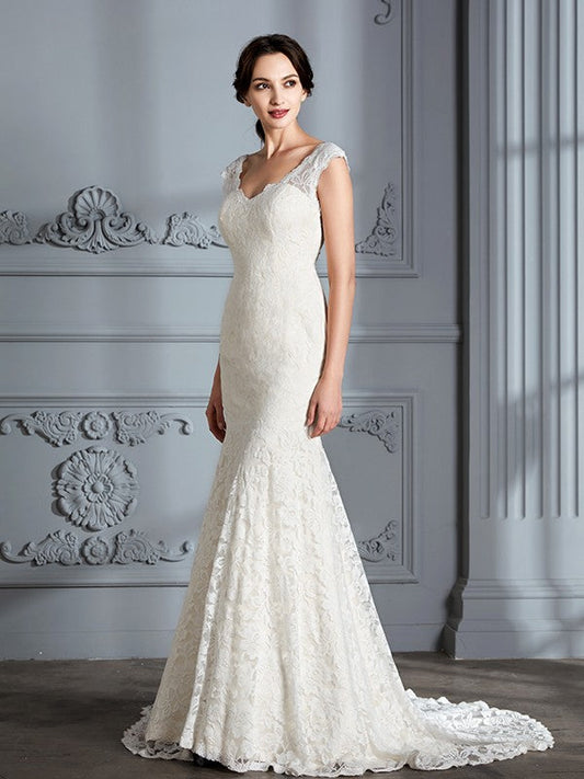 Trumpet/Mermaid Sleeveless V-Neck Lace Sweep/Brush Train Wedding Dresses CICIP0006374