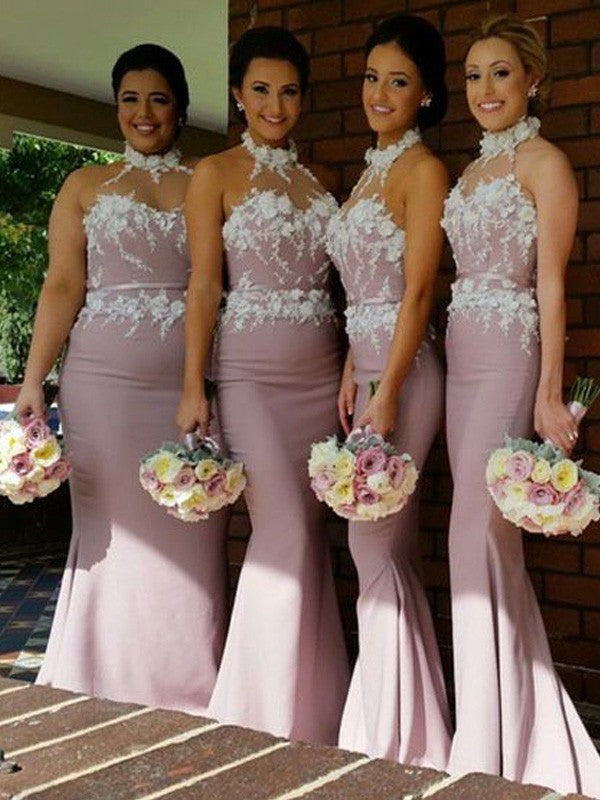 Trumpet/Mermaid Halter Sleeveless Satin Floor-Length Bridesmaid Dresses CICIP0005134